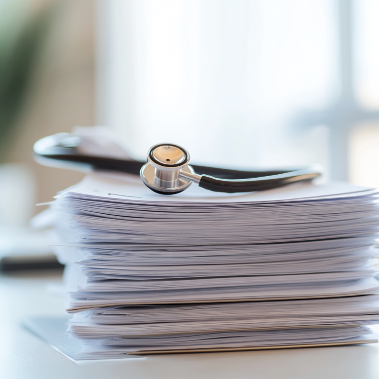 Stetoskop leži na velikem kupu papirjev, ki predstavljajo medicinsko dokumentacijo ali poročila.